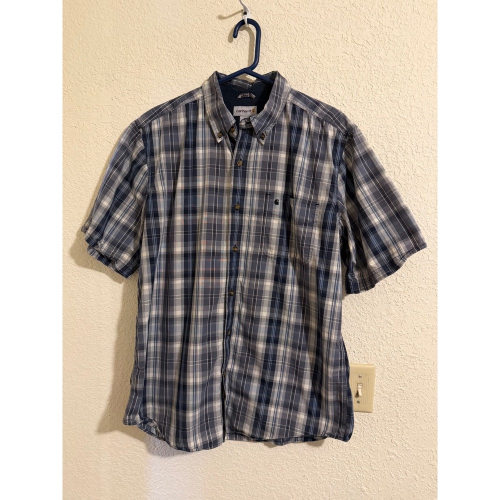 Carhartt Mens Relaxed Fit Short Sleeve Plaid Button Down Shirt Blue Grey L